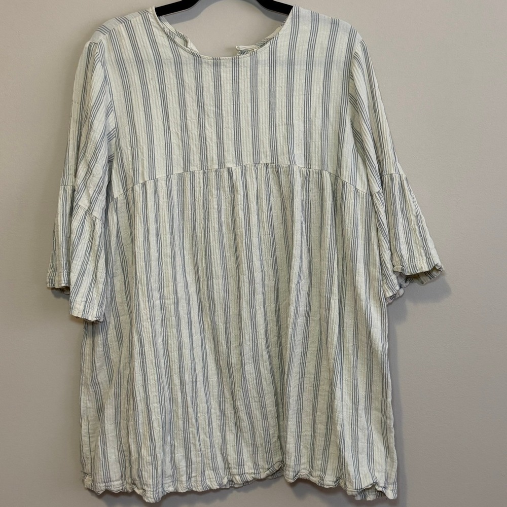 Rylee + Cru Babydoll Top Blue Cream Striped Gauze Bell Sleeve Size M